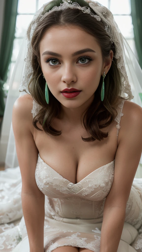 (8k, RAW photo, best quality, masterpiece:1.2),(realistic, photo-realistic:1.37),(Ultra-realistic 8k CG: 1.2), Ultra High Resolution, 1 girl, one girl, bare shoulders, Cinematic lighting, (green wedding dress:1.8),(SFW:1.3),(Full Body:1.7),(cute face:1.3),(big breasts:1.3),(high heels:1.3),(big hips1.3), (medium thighs:1.3),(covered breasts:1.3),(bust cleavage:1.1),(lipgloss:1.3),(Cute eyes:1.3),(Red lips:1.3),(Smooth skin texture:1.3),( Precise and perfect human anatomy: 1.3),(Beautiful and perfect facial features: 1.3), (Long eyelashes: 1.3),(Red lips: 1.3),(Shiny and textured lips: 1.3),(Smooth skin texture: 1.3),(earrings: 1.3),(Beautiful detailed eyes: 1.3),(Natural Color Lips: 1.3),(Beautiful face: 1.3),