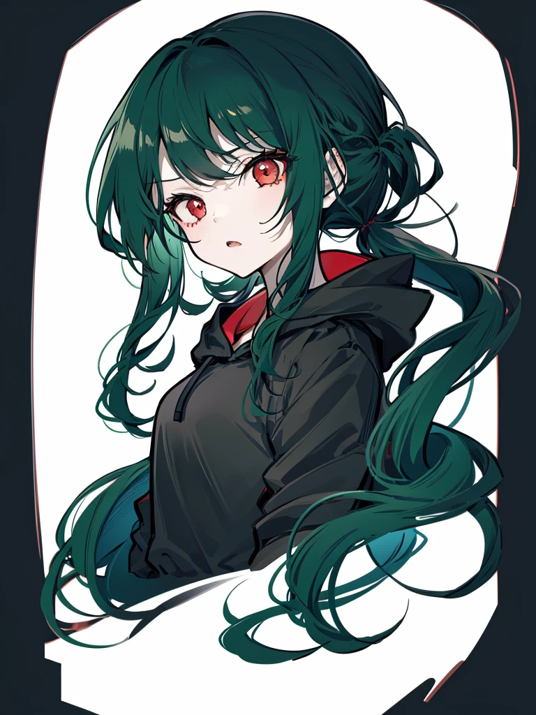 1 girl、Deep green hair、red eyes、black hoodie、straight face、white background、simple background