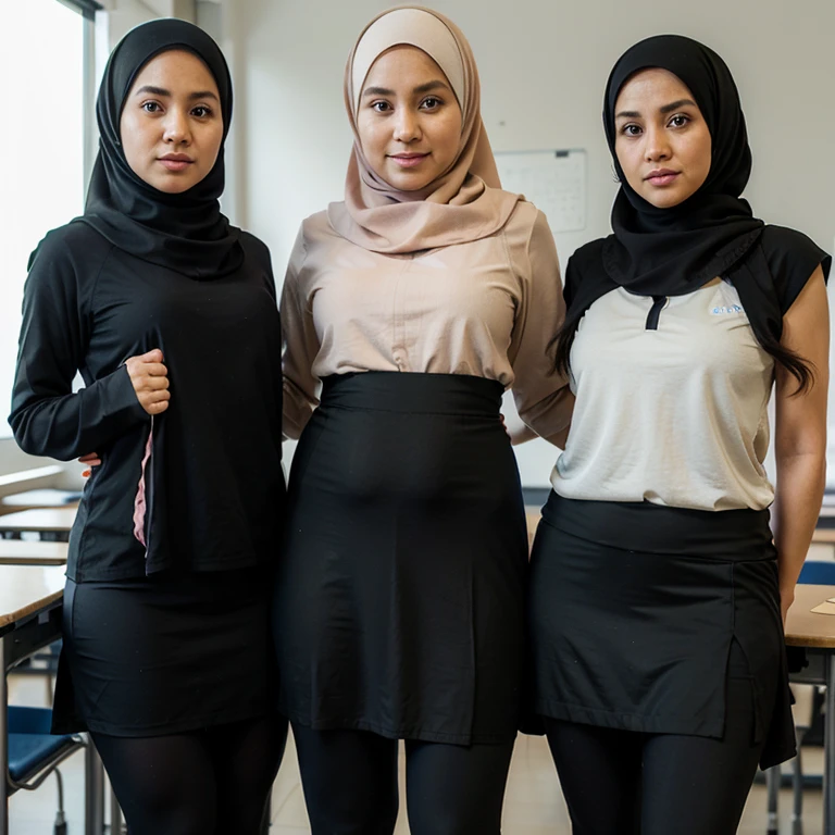 old teacher, (gamis , hijab , skirt, legging), summer, at school, standing front in class, sexual pose