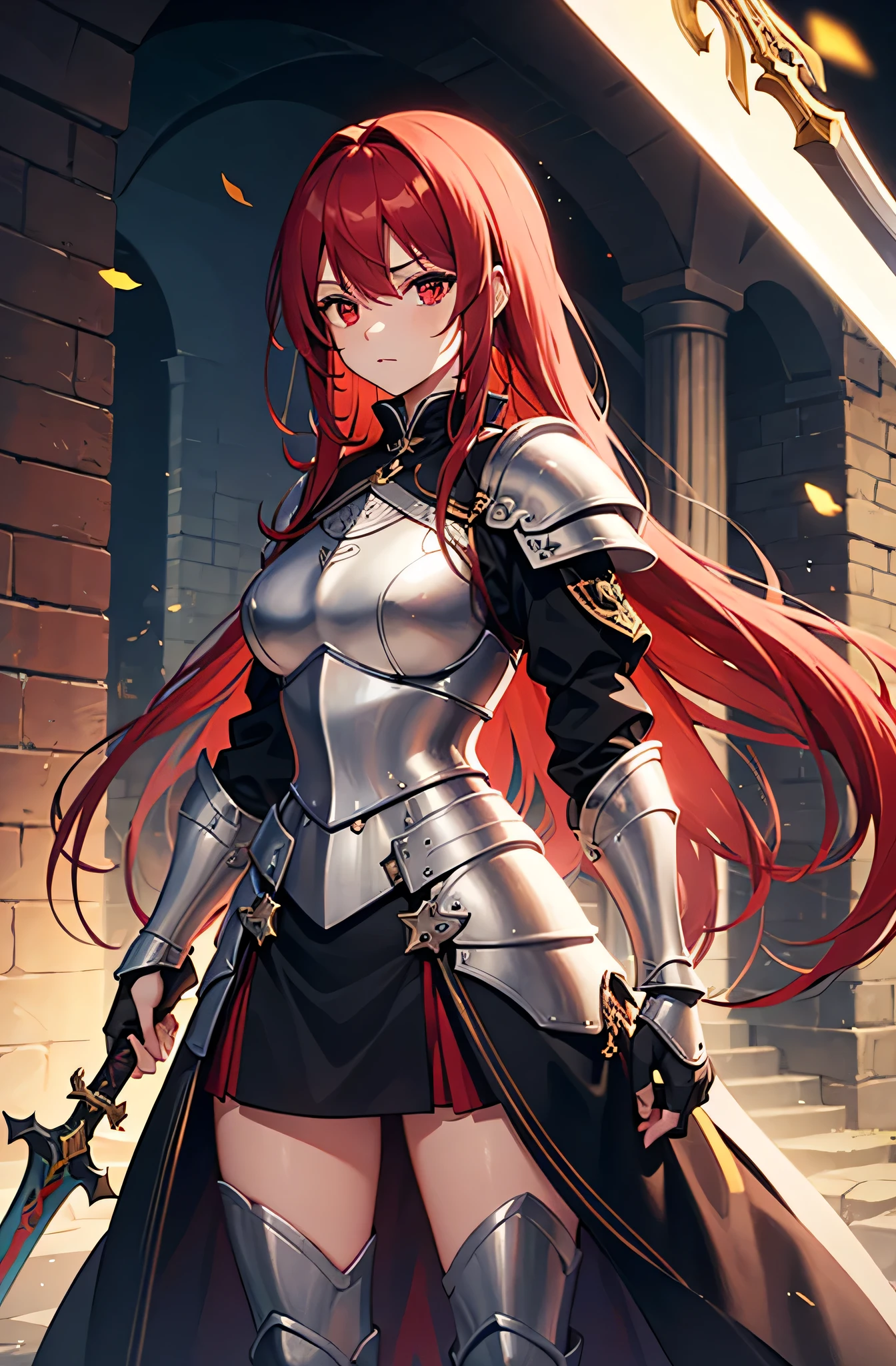 4K,High resolution,one woman,bright red hair,long hair,red eyes,knight,white holy armor,Jewelry Decoration,big sword,medieval town,rage,