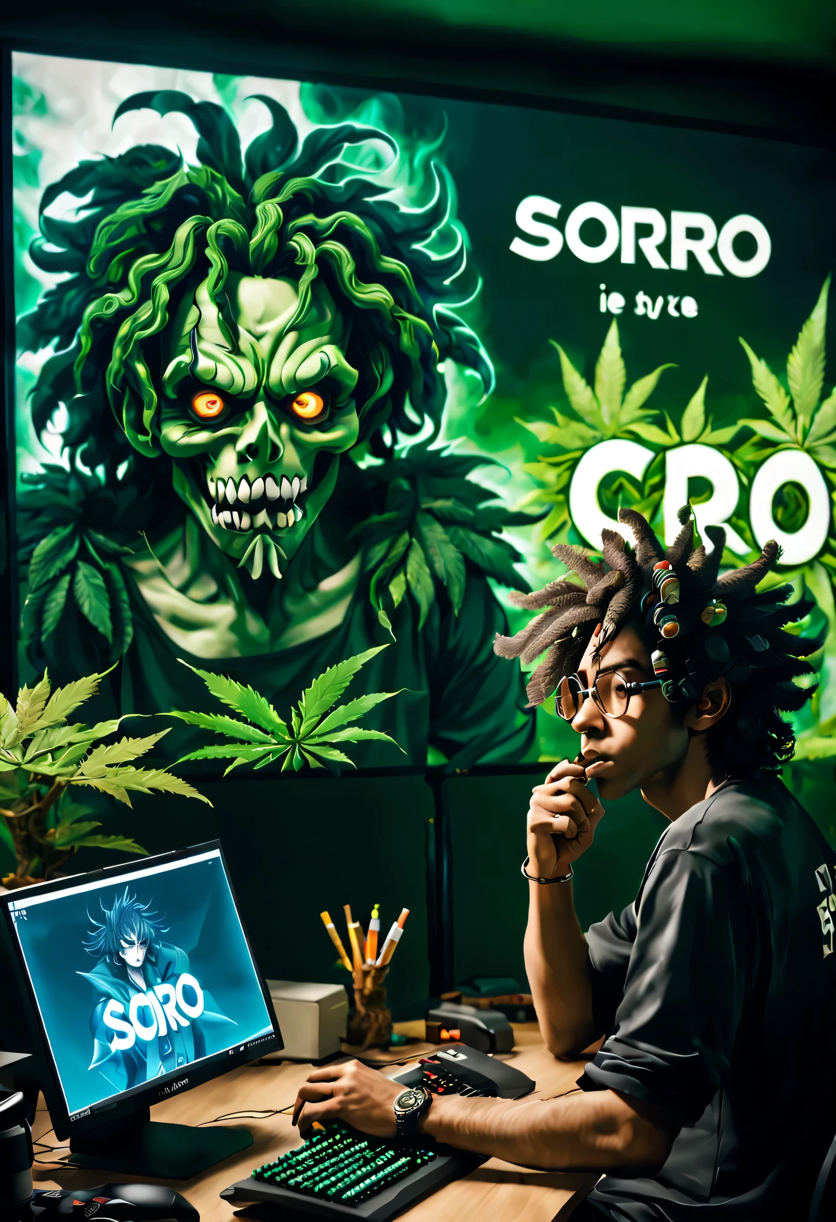 big letters spelling the word SORO,anime style, a dude playing a mmorpg on pc desk with screen showing the game runing in 32k, highly detailed , he smoking a huge weed joint the room is full of smoke ,demons in the backgroung hunting the gamer with creepy lokking eyes, curly hair north west african, the word SORO IS ON SCREEN , mask on