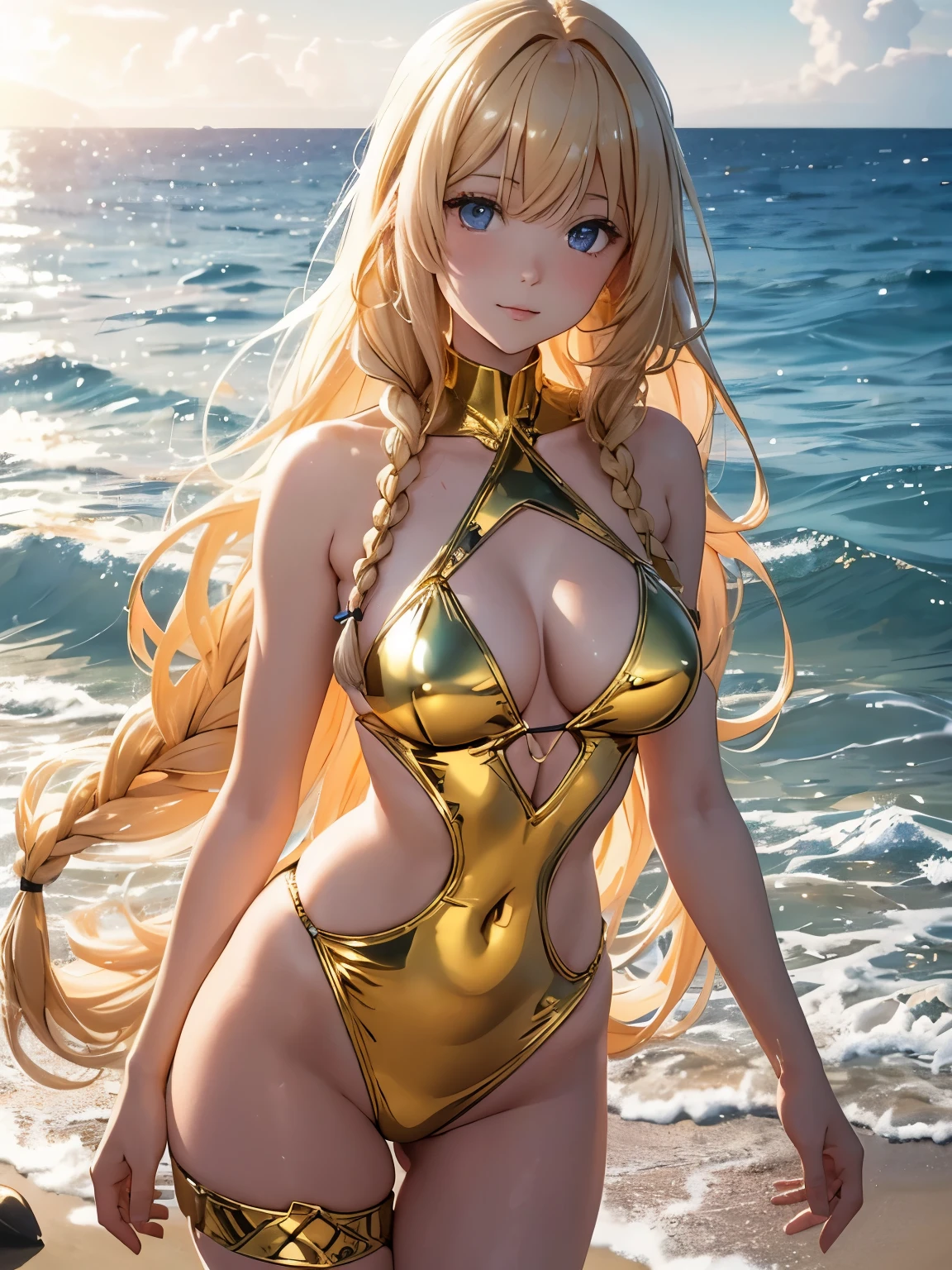 Imagine an anime girl with flowing golden locks, arranged in intricate braids adorned with holographic ribbons. She wears a latex swimsuit that gleams like liquid gold, featuring a high-cut design to accentuate her slender frame. Positioned on a sunlit beach, she stands with one foot in the ocean waves, the golden latex casting a radiant reflection. Her face radiates tranquility, and her eyes carry a serene gaze as she absorbs the warmth of the sun.