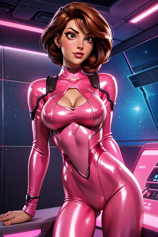 Best quality, 8K, vivid color, woman retro futurism, static pose, looking to observer, brown hair, long eyelashes, ALL light pink shiny leotard, cleavage, metalic details, light pantyhose, neutral sci-fi scenario