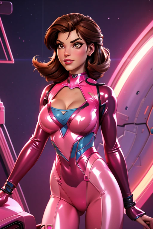 Best quality, 8K, vivid color, woman retro futurism, static pose, looking to observer, brown hair, long eyelashes, ALL light pink shiny leotard, cleavage, metalic details, light pantyhose, neutral sci-fi scenario