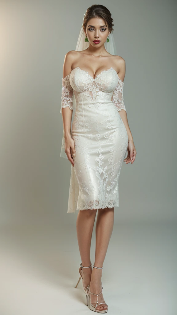 (8k, RAW photo, best quality, masterpiece:1.2),(realistic, photo-realistic:1.37),(Ultra-realistic 8k CG: 1.2), Ultra High Resolution, 1 girl, one girl, bare shoulders, Cinematic lighting, (green wedding dress:1.5),(SFW:1.3),(Full Body:2.7),(cute face:1.3),(big breasts:1.3),(high heels:1.3),(big hips1.3), (medium thighs:1.3),(covered breasts:1.3),(bust cleavage:1.1),(lipgloss:1.3),(Cute eyes:1.3),(Red lips:1.3),(Smooth skin texture:1.3),( Precise and perfect human anatomy: 1.3),(Beautiful and perfect facial features: 1.3), (Long eyelashes: 1.3),(Red lips: 1.3),(Shiny and textured lips: 1.3),(Smooth skin texture: 1.3),(earrings: 1.3),(Beautiful detailed eyes: 1.3),(Natural Color Lips: 1.3),(Beautiful face: 1.3),