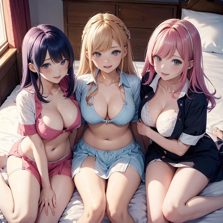 Angle from above、girls sandwich、Three girls are depicted、colorful hair、beautiful girl、highest quality、laughter、beautiful girl、masterpiece、High-definition images、sitting on the viewer's waist、The belly button is visible、Nurse Uniform、cleavage exposure、Thigh emphasis、see-through clothes、on the bed、25 years old、underwear is visible