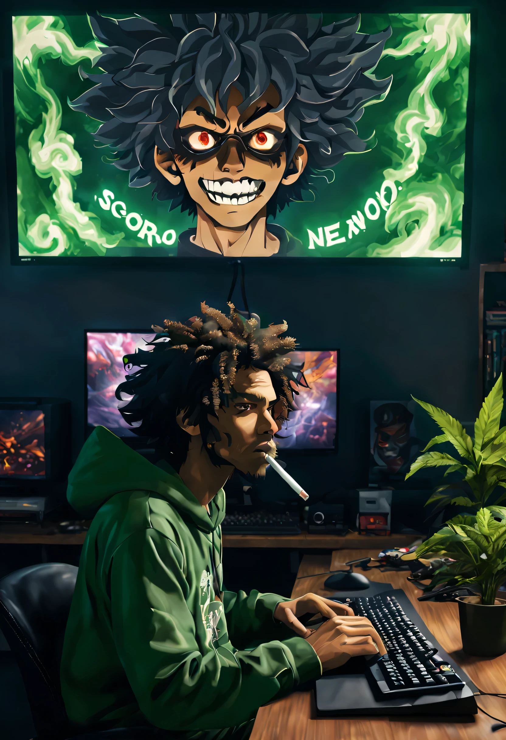 big letters spelling the word SORO,anime style, a dude playing a mmorpg on pc desk with screen showing the game runing in 32k, highly detailed , he smoking a huge weed joint the room is full of smoke ,demons in the backgroung hunting the gamer with creepy lokking eyes, curly hair north west african, the word SORO IS ON SCREEN , mask on