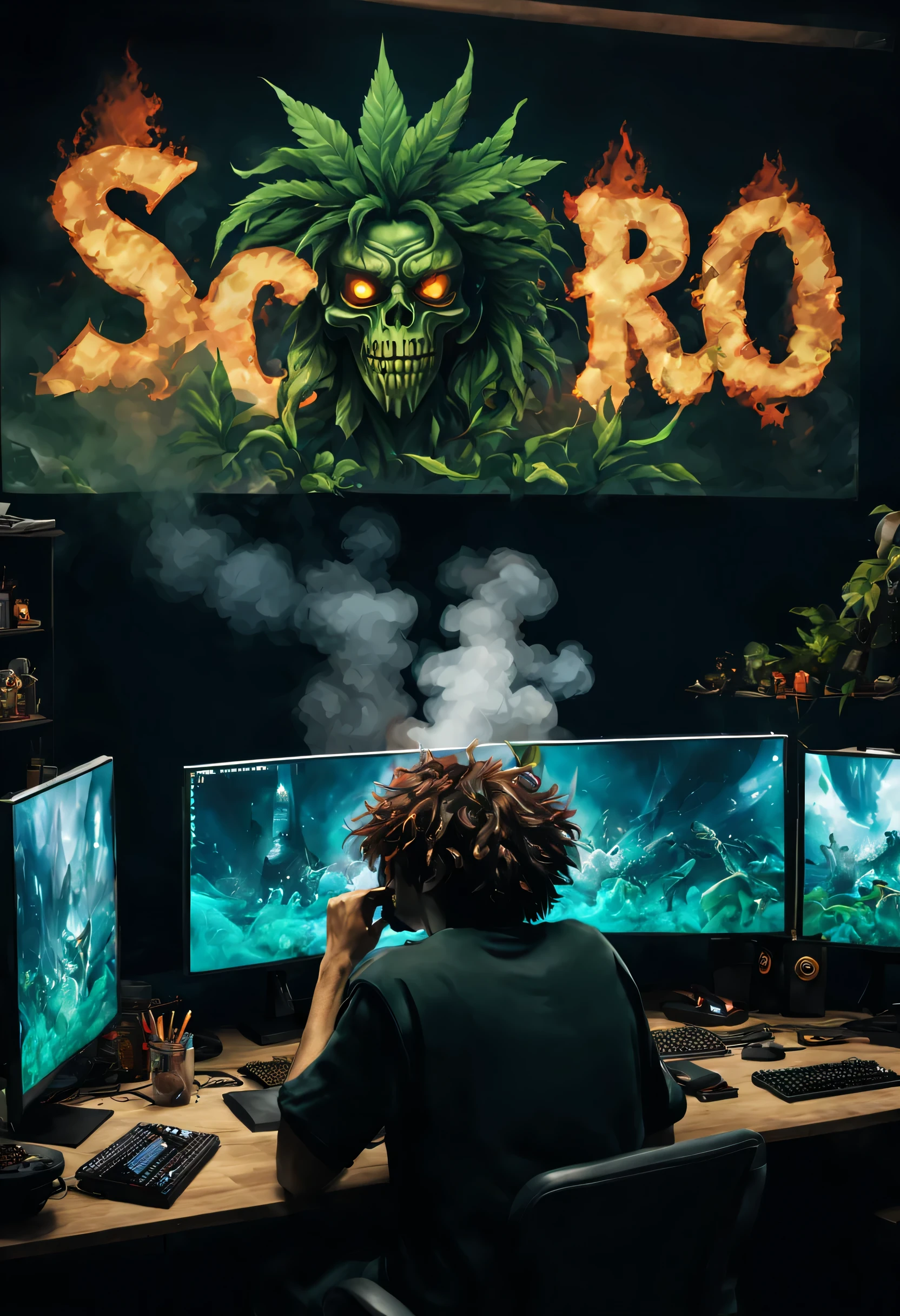 big letters spelling the word SORO,anime style, a dude playing a mmorpg on pc desk with screen showing the game runing in 32k, highly detailed , he smoking a huge weed joint the room is full of smoke ,demons in the backgroung hunting the gamer with creepy lokking eyes, curly hair north west african, the word SORO IS ON SCREEN , mask on