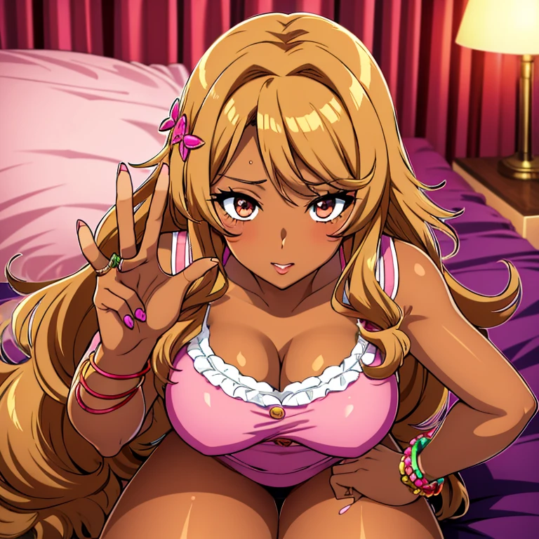 gyaru girl style, gyaru clothes, heavy makeup, peace sign, medium , dark tan skin, caramel dark burnt orange colored hair with blonde highlights, long curled hair, hair accessories, bright vibrant colorful pink and purple bedroom, pink uniform,tan, dark skin