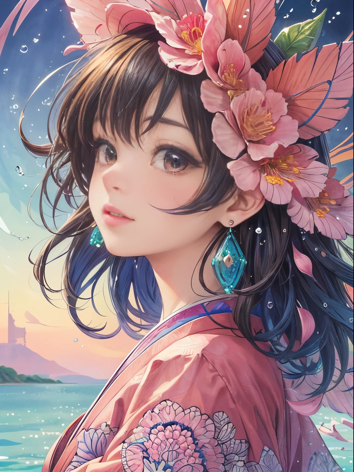 (1 girl、solo、from side)、very detailed、(the background is abstract、zentangle、fractal art:1.3)、(many colors、colorful:1.1)、(wing、petal:1.3)、Water droplets、dynamic pose、earrings、dynamic pose、dynamic angel、colorfulな背景、zentangle、beautiful、beautiful face、beautiful clothes、hide your hands、kimono、Upper body(complex lines)、(masterpiece)、(highest quality:1.1)、(Super detailed)、(extreme close up: 1.1)、zentangle,Water droplets、Water droplets、Water droplets