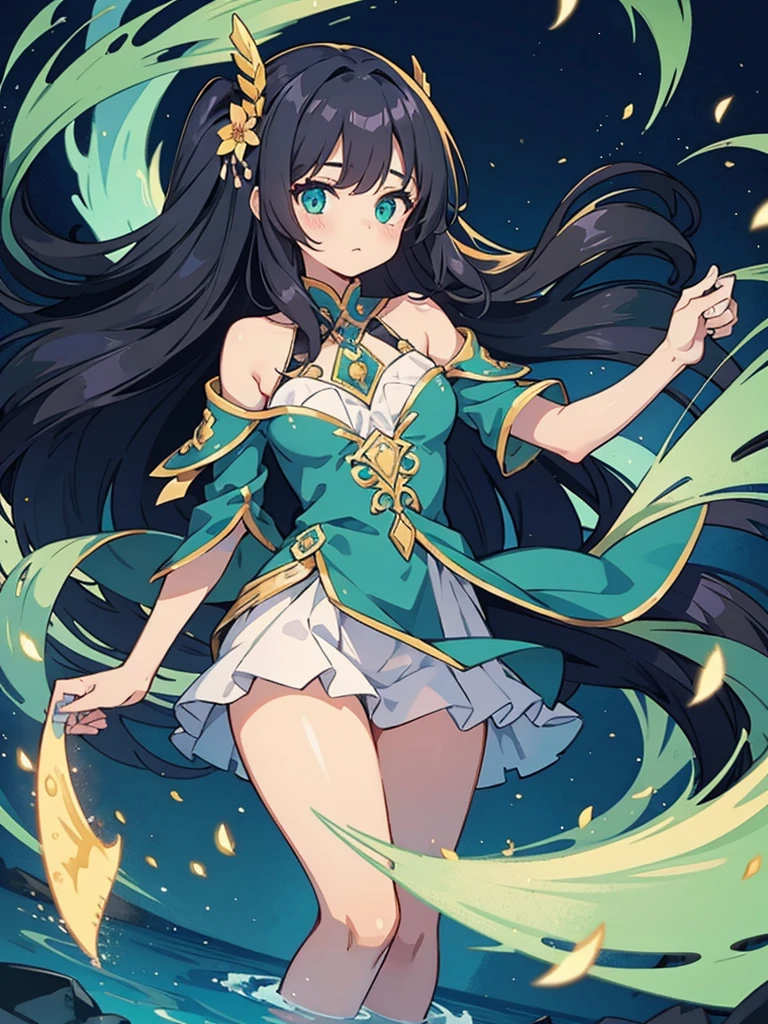 -yeld 1g with a graceful presence. She has long, flowing ebony hair that cascades down her back, often adorned with a delicate floral hairpin. Her eyes are a deep shade of emerald green, reflecting both wisdom and a hint of mystery.