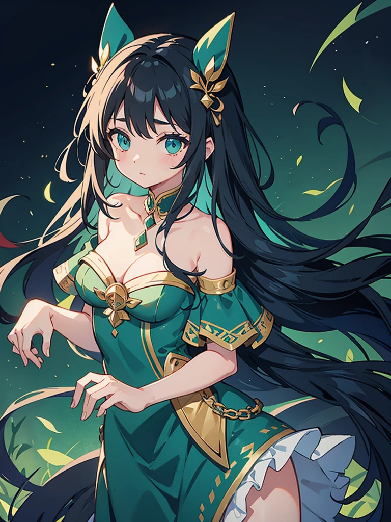 17-year-old 1girl with a graceful presence. She has long, flowing ebony hair that cascades down her back, often adorned with a delicate floral hairpin. Her eyes are a deep shade of emerald green, reflecting both wisdom and a hint of mystery.