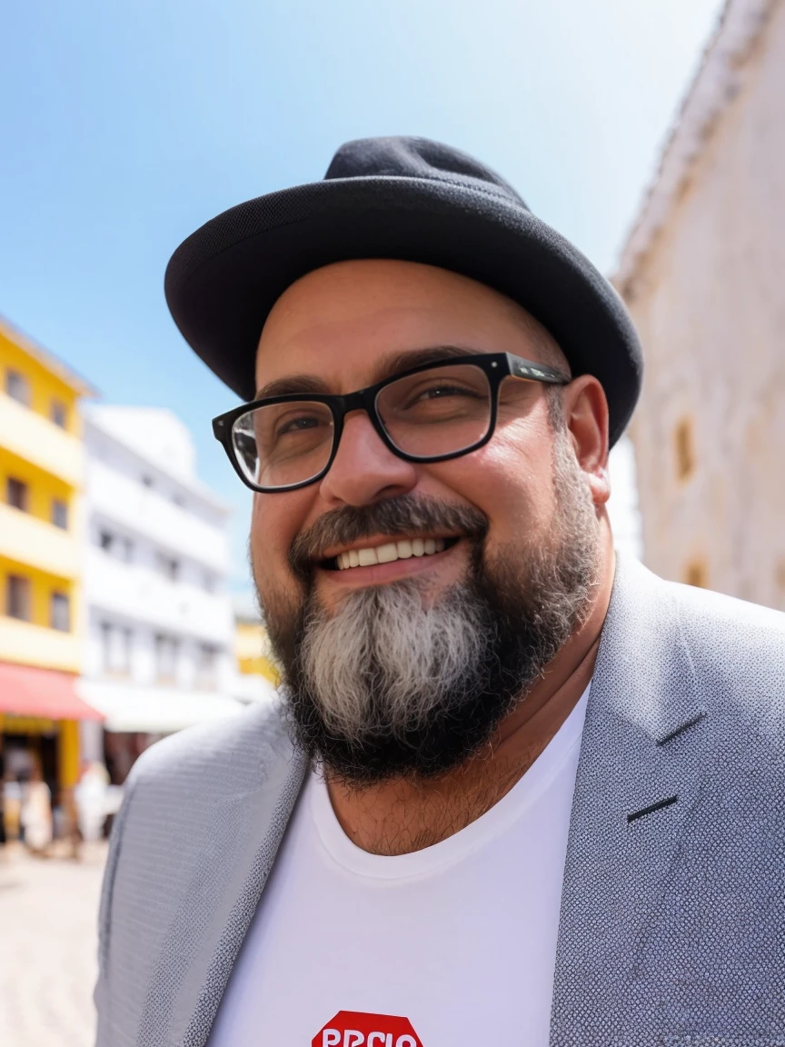 Veste roupas da moda, mesa,alta qualidade,altamente detalhado,cena intensa, solid, Gritty Reality Scenario for 42 Year Old Sexy Fat Bearded Man,cheio de suor,corpo todo,barriga grande, wearing prescription glasses, sorridente, Using tea, ((Vestindo blusa de passeio, uma bermuda branco)),rosto atordoado,Abra as pernas, Open-air square, He walks his English Cocker Daniel dog