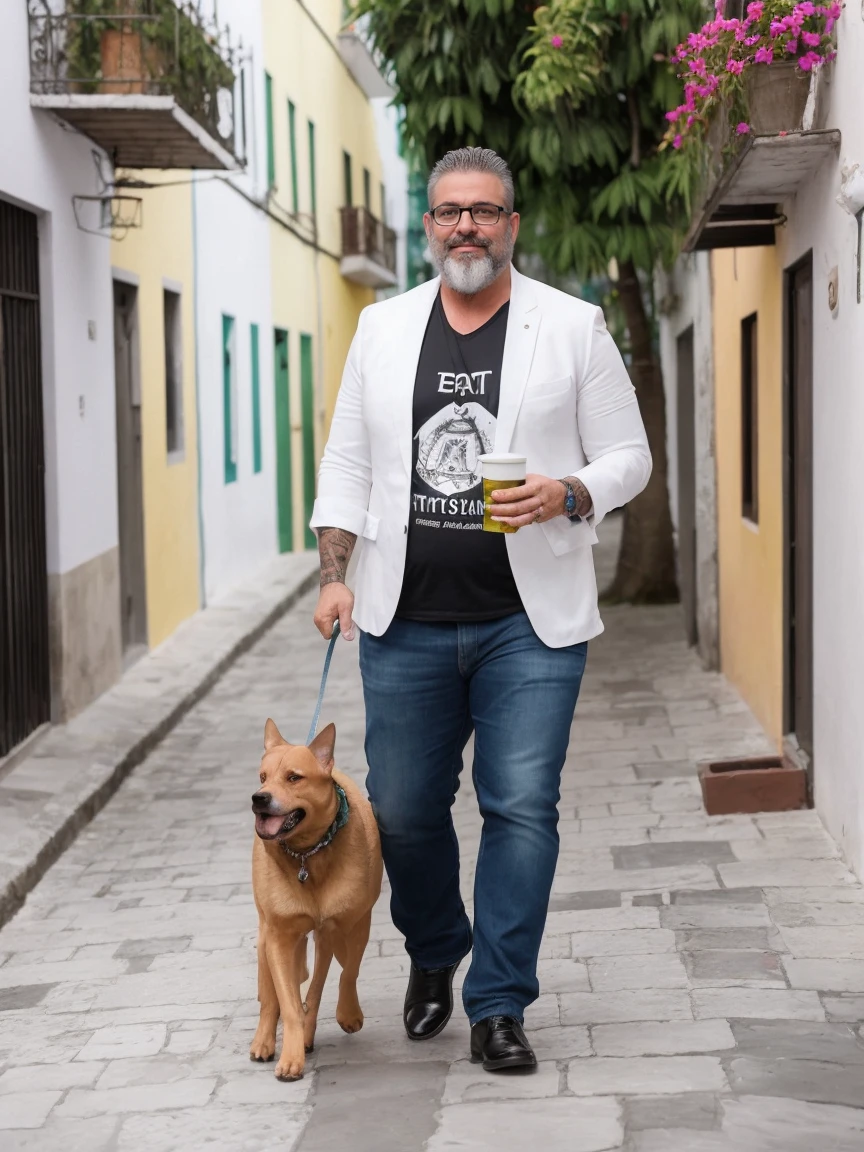 Veste roupas da moda, mesa,alta qualidade,altamente detalhado,cena intensa, solid, Gritty Reality Scenario for 42 Year Old Sexy Fat Bearded Man,cheio de suor,corpo todo,barriga grande, wearing prescription glasses, sorridente, Using tea, ((Vestindo blusa de passeio, uma bermuda branco)),rosto atordoado,Abra as pernas, Open-air square, He walks his English Cocker Daniel dog