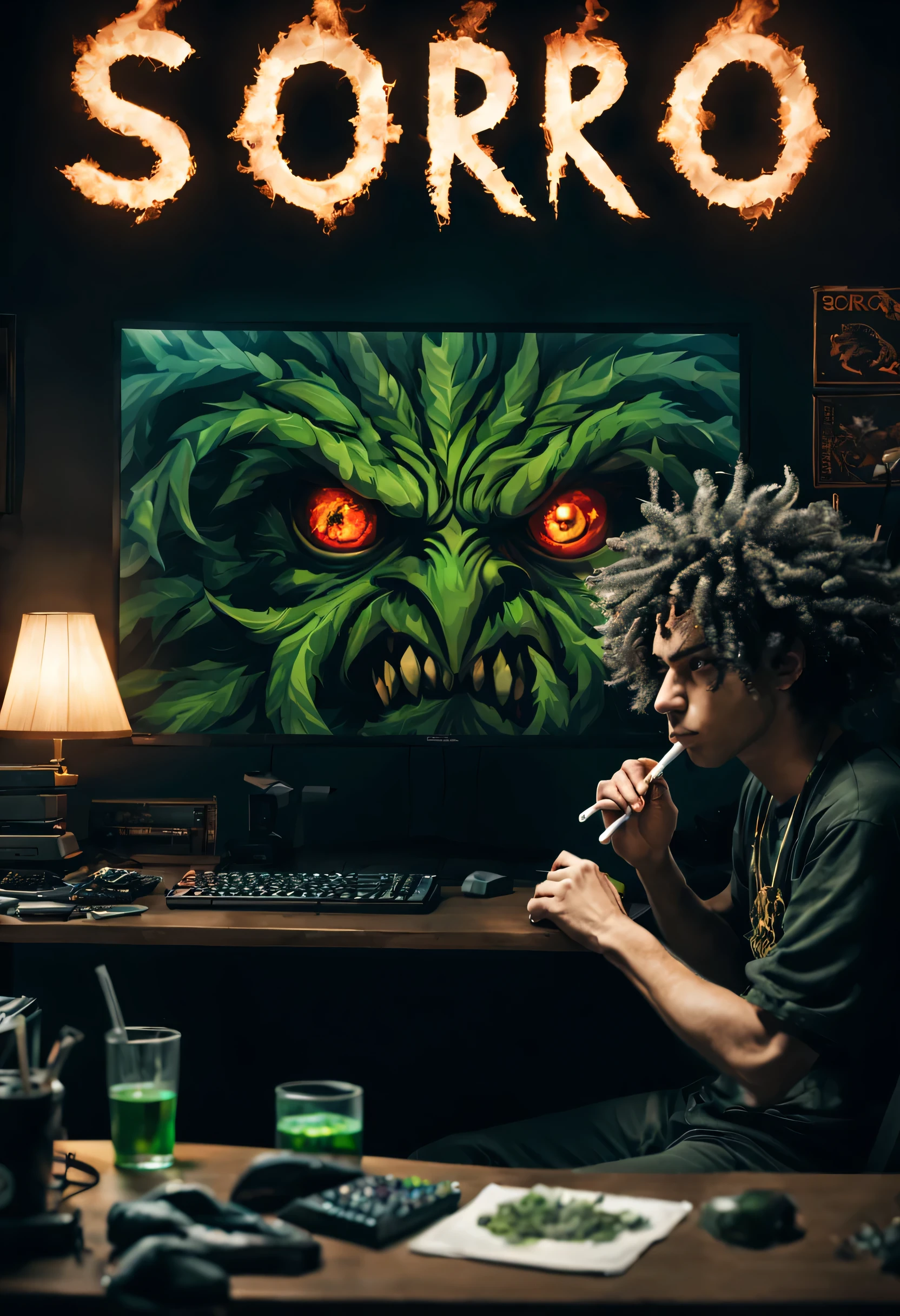 big letters spelling the word SORO,anime style, a dude playing a mmorpg on pc desk with screen showing the game runing in 32k, highly detailed , he smoking a huge weed joint the room is full of smoke ,demons in the backgroung hunting the gamer with creepy lokking eyes, curly hair north west african, the word SORO IS ON SCREEN , mask on