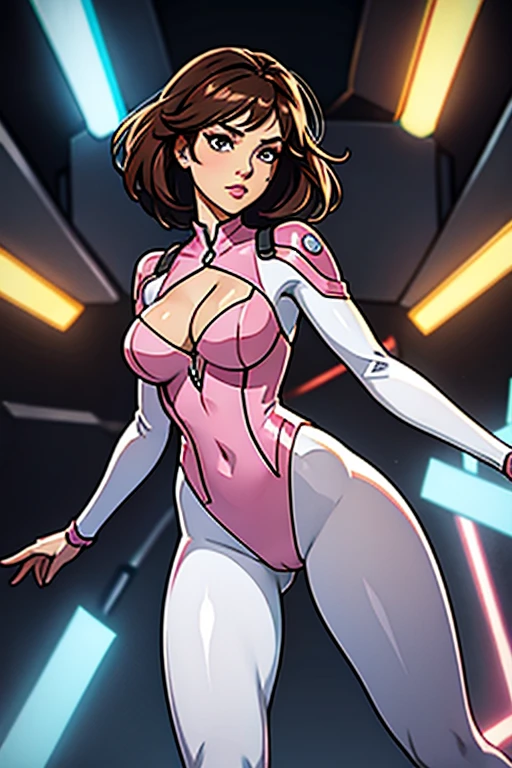 Best quality, 8K, vivid color, woman retro futurism, static pose, looking to observer, brown hair, long eyelashes, ALL WHITE shiny leotard, cleavage, metalic details, light pink pantyhose, neutral sci-fi scenario