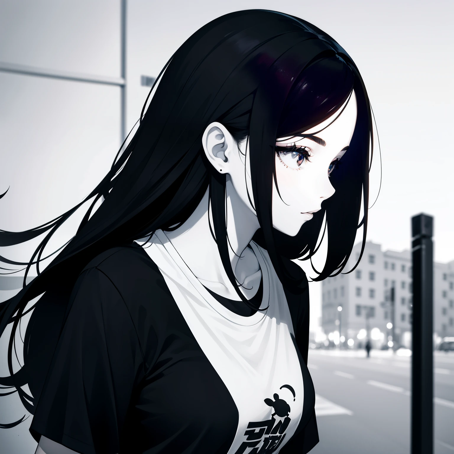 girl, side portrait, Black and white,Spicy accessories,Sporty style, Casual T-shirt, Confident gaze, Monochrome color scheme, looking away, Chic street fashion,head,long hair