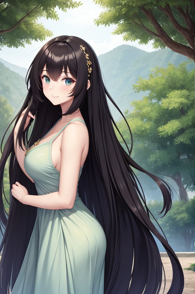 17-year-old 1girl with a graceful presence. She has long, flowing ebony hair that cascades down her back, often adorned with a delicate floral hairpin. Her eyes are a deep shade of emerald green, reflecting both wisdom and a hint of mystery.