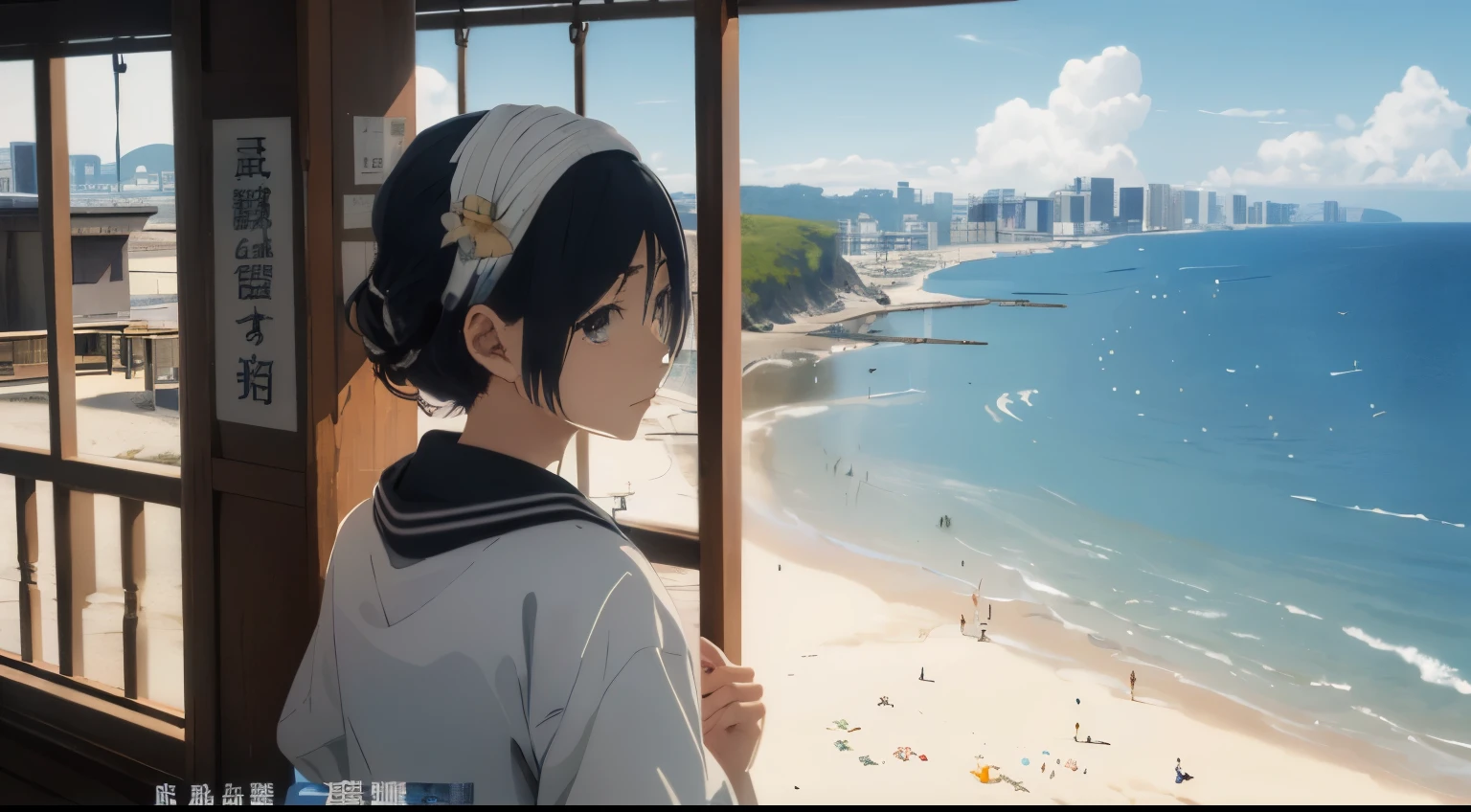 (highest quality:1.5)、(Super detailed:1.5)、(highest qualityの写真:1.5)、Japan 、very cute、seaside、horizon、summer sky、beach、alone、Beautiful girl staring at the horizon、boredom、