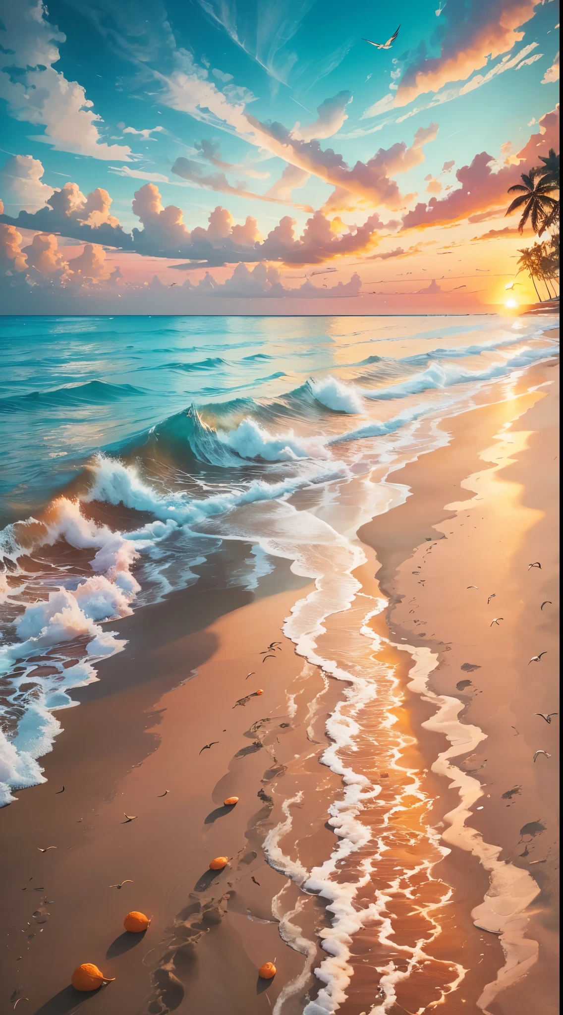 An absolutely mesmerizing sunset unfolds over an unspoiled beach, painting the sky with a stunning blend of oranges, pinks, and yellows. The crystal clear waters of the sea gently lap at the shore, revealing a white sandy beach that stretches out endlessly. The scene is both dynamic and breathtaking, with seagulls soaring high above and palm trees gently swaying in the breeze. Feel the peace and tranquility envelop you as you immerse yourself in this magical moment.

This is a high-resolution, ultra-detailed image, capturing every grain of sand and every ripple in the water. The colors are rich and vibrant,