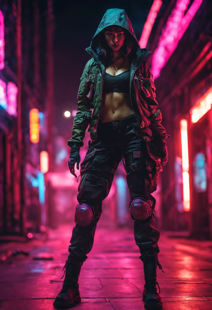 Heart of Cyberpunk City, A mysterious scene unfolds as a demon girl wearing a flamingo head., Hide in the shadows with a crouching pose, Hurry down the dark alley. Figure wearing a hooded military jacket and cargo pants, She becomes an illusion in the neon night. The narrow hallways are a combination of cyberpunk city darkness and flickering neon lights., Creates an eerie atmosphere at the scene.