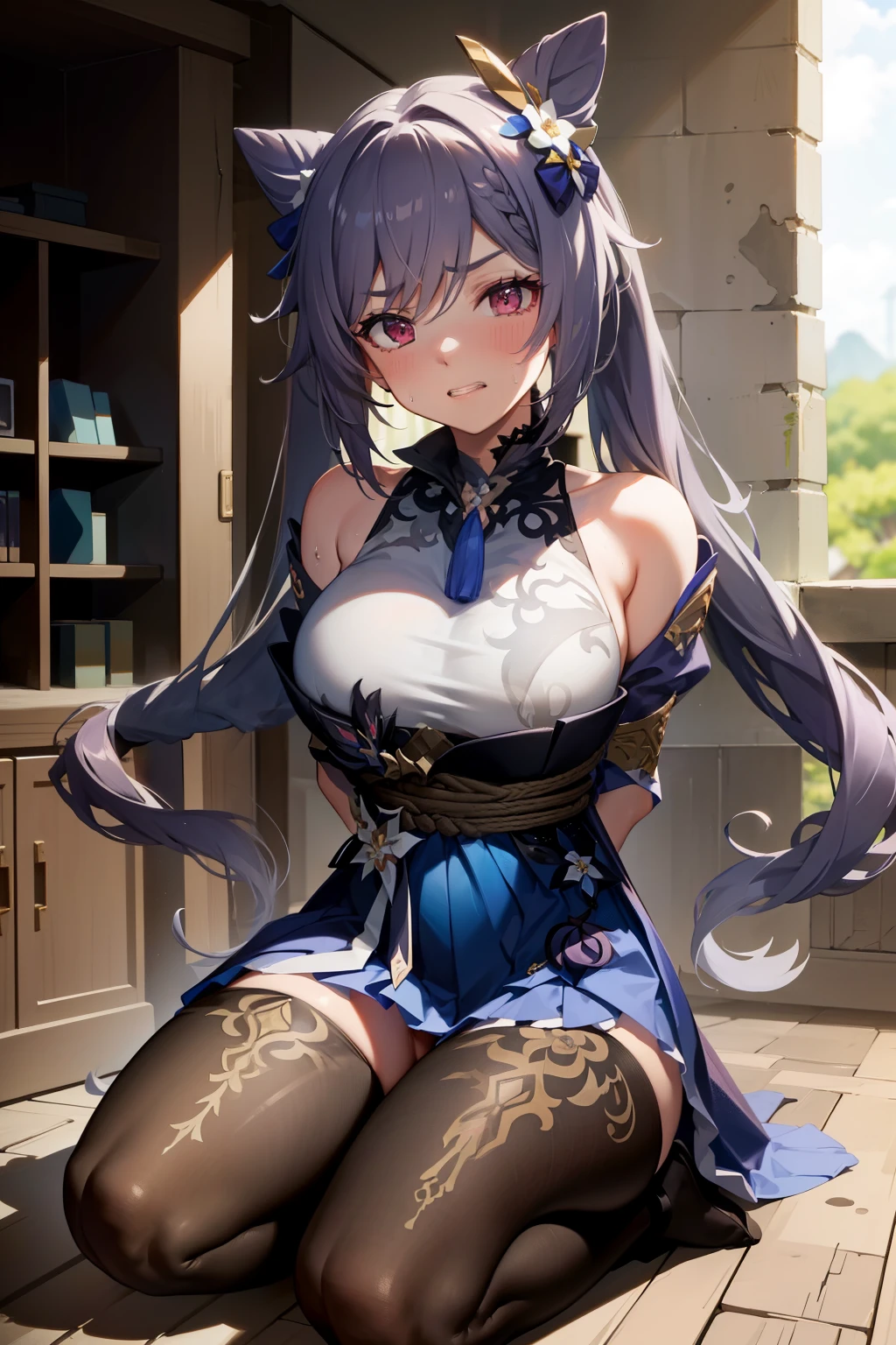 blush, sweat, (scowl), (((clenched_teeth))), (((close one eye)))), keqingdef, ((shibari)), wrapped in rope, ((((bondage)))), ((Rope bondage)), Exquisite detail and texture, ((A rope is wrapped around the body multiple times.)))), (brown rope), concrete wall, purple hair, long hair, (((((hands tied behind))))), ((arms behind back)), (large_breast), cowboy shot, ((seiza)), ((Sitting on the knees)), black tights, Concrete floors, Concrete walls, in a basement, underground room, Indoors, blush, sweat, (scowl), clenched_teeth, red eyes, intricate, highres, 8k, detailed hair, detailed skin, masterpiece, very long hair, award-winning photography, sharp focus, dramatic lighting, unreal engine 5, full body shot, keqingdef, keqing_genshin,