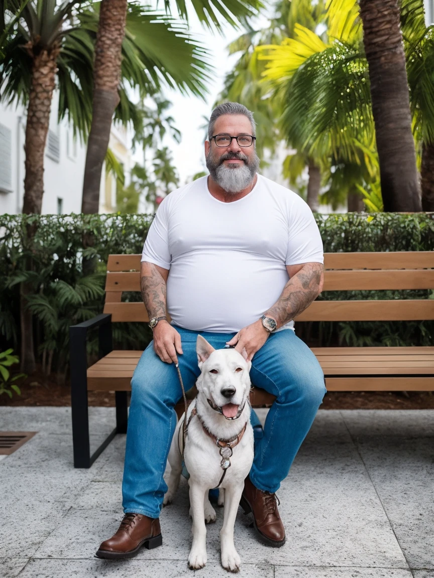 Veste roupas da moda, mesa,alta qualidade,altamente detalhado,cena intensa, solid, Gritty Reality Scenario for 42 Year Old Sexy Fat Bearded Man,cheio de suor,corpo todo,barriga grande, wearing prescription glasses, sorridente, Using tea, ((Vestindo blusa de passeio, uma bermuda branco)),rosto atordoado,Abra as pernas, Florida square environment luxurious outdoor place, He walks his English Cocker Daniel dog, he affectionately holds the dog in his arm or holds him petting him on his lap.