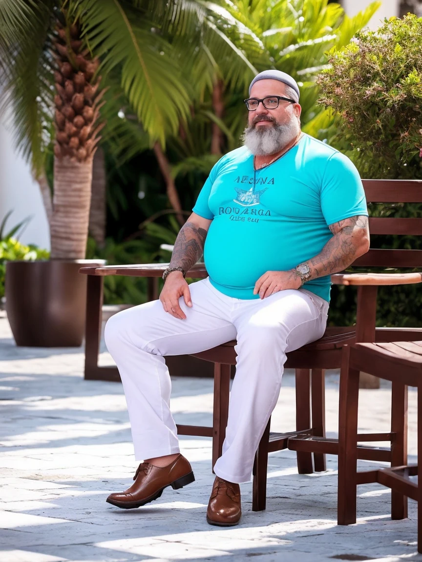 Veste roupas da moda, mesa,alta qualidade,altamente detalhado,cena intensa, solid, Gritty Reality Scenario for 42 Year Old Sexy Fat Bearded Man,cheio de suor,corpo todo,barriga grande, wearing prescription glasses, sorridente, Using tea, ((Vestindo blusa de passeio, uma bermuda branco)),rosto atordoado,Abra as pernas, Florida square environment luxurious outdoor place, He walks his English Cocker Daniel dog, he affectionately holds the dog in his arm or holds him petting him on his lap.