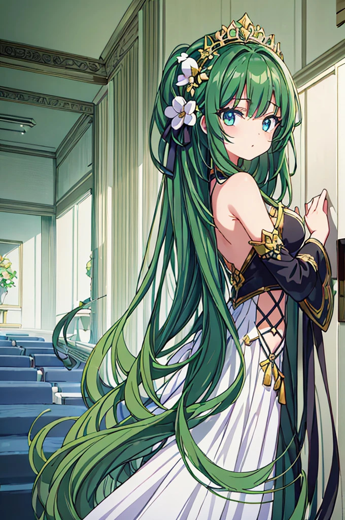 (masterpiece, best quality, ultra-detailed, best shadow, volumetric lighting), (beautiful detailed face, beautiful detailed eyes), (best illumination),
c.c., code geass,
green hair, very long hair, wavy hair, orange eyes, detailed eyes, medium breast, ass,
ashford academy swimsuit,
full body, intense angle,
mksks style, beautiful background, professional lightning, indoor, pool,