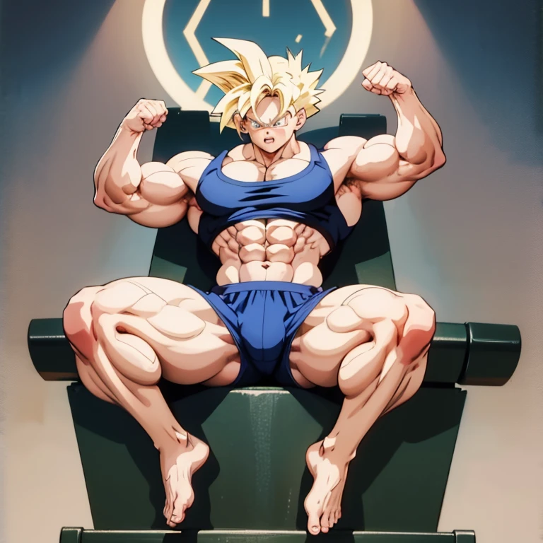 Anime-Stil , High quality full body image of Goku as a bodybuilder, Ist&#39;Ich trage nur einen Tanga , ohne Schuhe, Feet, bare Feet, massive muscular body, huge muscular shoulders, Massive big biceps, Venen im Bizeps, Muskelbeine, massive muscular abs, Bizepsflex. posierend, Sie schwitzt, very muscular, The well-trained body shines in the light, im gym, hanteln, sit ups 