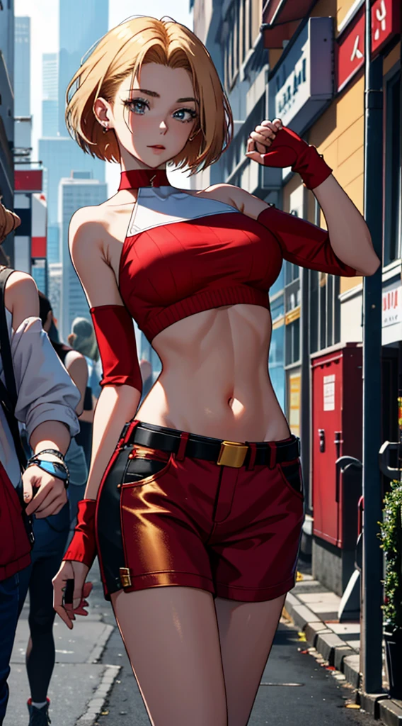 tmasterpiece,, Best quality at best, A high resolution, 1girll,Off-the-shoulder attire,, with short golden hair,Red clothes,mary,hason, Crop top, (Large breasts1.2), nabel,Fighting posture,cyber punk perssonage,City streets