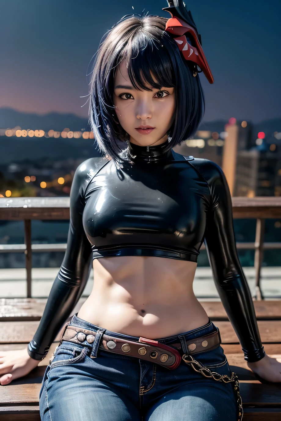 1girl, ((black long sleeved latex top, long dark blue jeans)), (midriff, navel), iron belt, looking at viewer, seductive smile, park, sit on bench, (kujou sara:1.3), mask on head, blue hair, short hair, yellow eyes, ((cinematic lighting, best quality, masterpiece, anatomically correct, detailed textured skin, high details, best quality, highres, HD, 4K, 8k, super detail))
