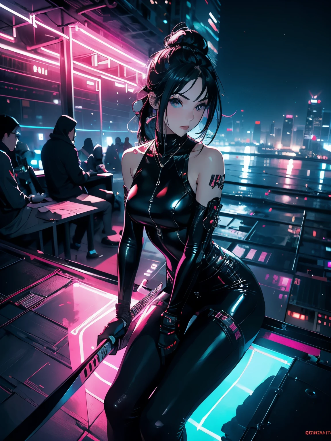 1girl, sit in rooftop, hold katana,long full shot angle, cinematic photograph skyscrapers night view neon high quality ultra high definition cyberpunk