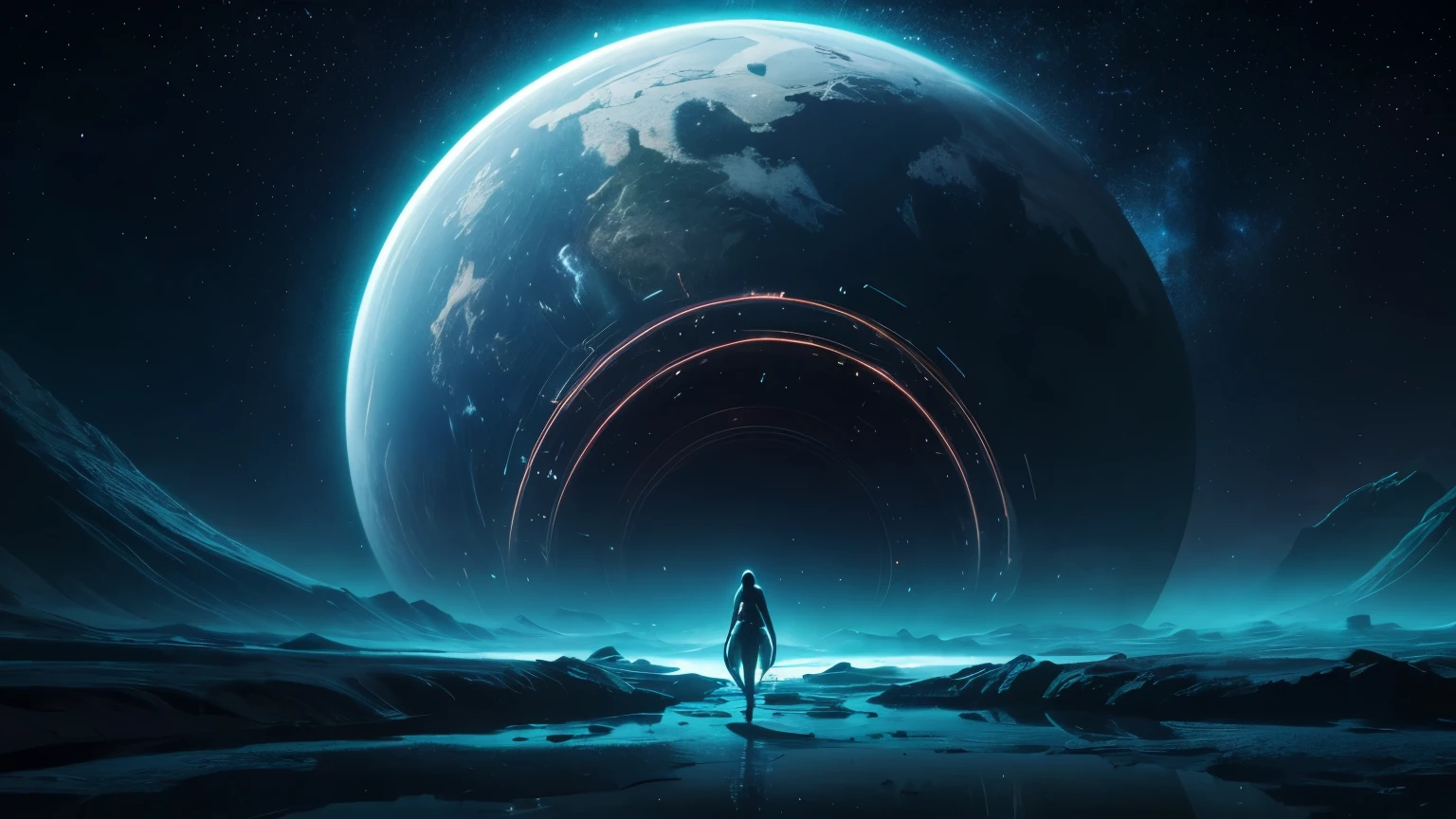 unveils a surreal, interstellar vista. It showcases an otherworldly realm with ethereal structures that seem to blend seamlessly with the cosmic backdrop. Radiant, iridescent hues dance across the landscape, giving the impression of an alien oasis. In the foreground, a mesmerizing whirlwind of color and light takes the form of an intricate, abstract pattern. The entire scene is bathed in an ambient, otherworldly glow that seems to transcend earthly boundaries, beckoning the audience into an atmospheric and immersive journey of sound.