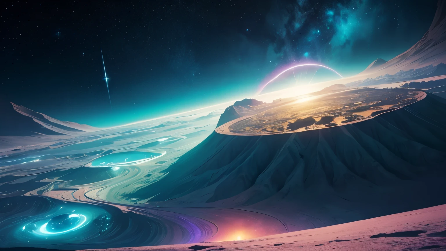 unveils a surreal, interstellar vista. It showcases an otherworldly realm with ethereal structures that seem to blend seamlessly with the cosmic backdrop. Radiant, iridescent hues dance across the landscape, giving the impression of an alien oasis. In the foreground, a mesmerizing whirlwind of color and light takes the form of an intricate, abstract pattern. The entire scene is bathed in an ambient, otherworldly glow that seems to transcend earthly boundaries, beckoning the audience into an atmospheric and immersive journey of sound.