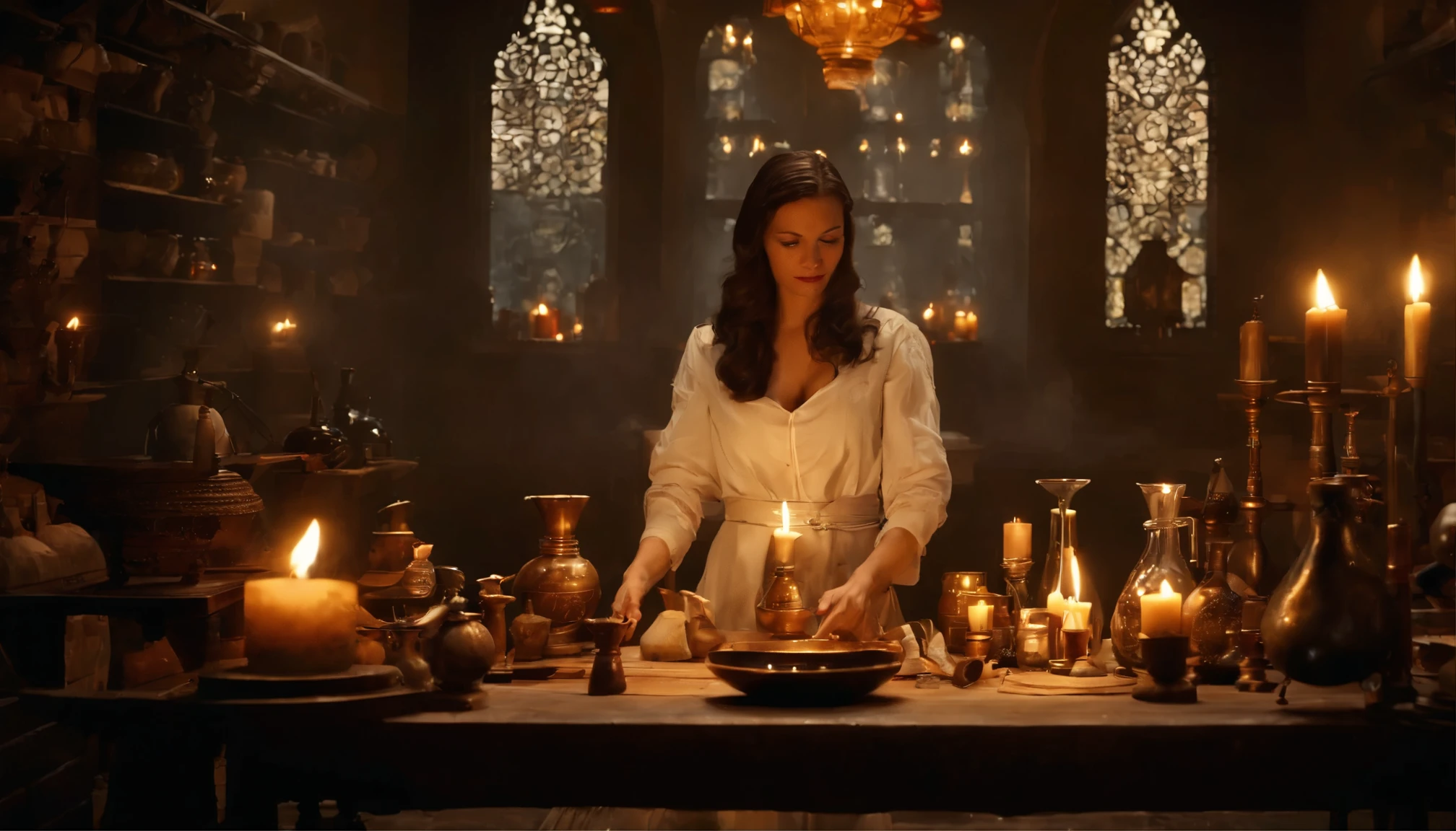 Da ist eine ((vietnamesische Frau)), die an einem Tisch mit Kerzen sitzt, She's in the Potions Workshop, asiatische Magierin, who summons a spell, Mittelalterlicher Alchemist im Dunkeln, Fantasy-Alchemisten-Labor, Eine arkane Zaubererin, die einen Zauber wirkt, Zauber auf einen Trank wirken, Er befindet sich in einem Alchemistenlabor, Alchemie-Labor, Zauberspruch-Assistent, Magisches Labor-Setting