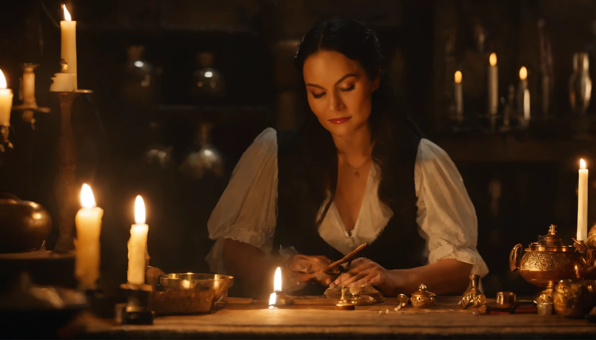 Da ist eine ((vietnamesische Frau)), die an einem Tisch mit Kerzen sitzt, She's in the Potions Workshop, asiatische Magierin, who summons a spell, Mittelalterlicher Alchemist im Dunkeln, Fantasy-Alchemisten-Labor, Eine arkane Zaubererin, die einen Zauber wirkt, Zauber auf einen Trank wirken, Er befindet sich in einem Alchemistenlabor, Alchemie-Labor, Zauberspruch-Assistent, Magisches Labor-Setting