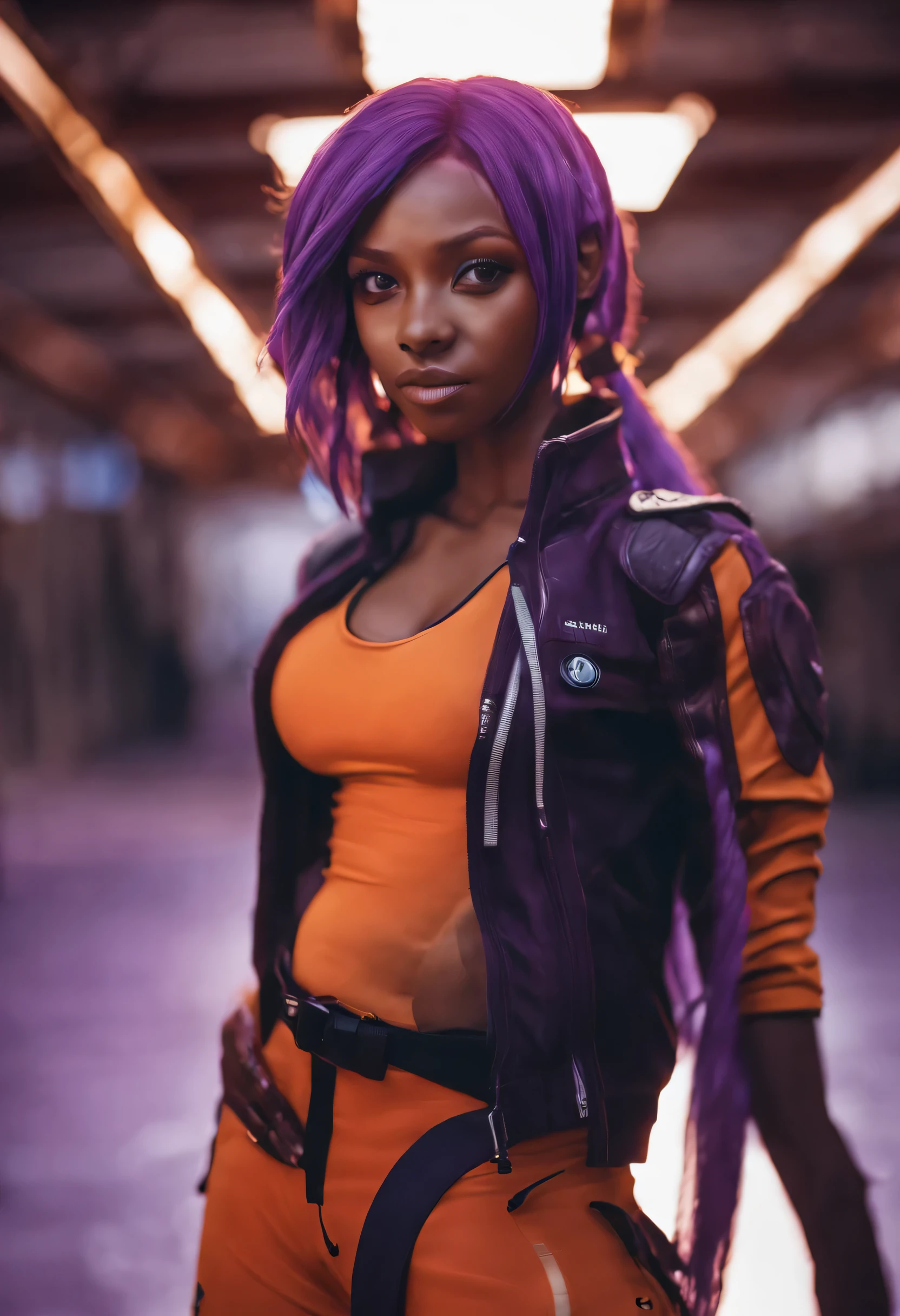 A photo of Yoruichi Shihouin as if she were a real woman in her orange outfit , Cheveux violets, profondeur de champ, cinema lighting, laser trace, reflecting light, Plan large, Ultra grand angle, grand angle, 35mm, canon, chef-d'artwork, accurate, Textured skin, high details, 4k