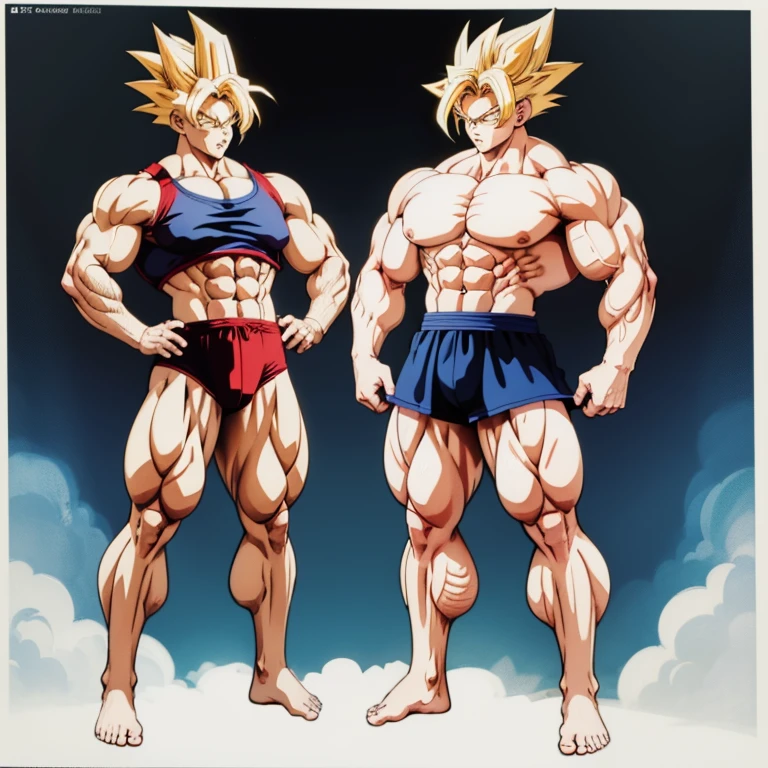 Anime-Stil , High quality full body image of Goku as a bodybuilder, Ist&#39;Ich trage nur einen Tanga , ohne Schuhe, Feet, bare Feet, massive muscular body, huge muscular shoulders, Massive big biceps, Venen im Bizeps, Muskelbeine, massive muscular abs, Bizepsflex. posierend, Sie schwitzt, very muscular, The well-trained body shines in the light, im gym, hanteln, squats, dips