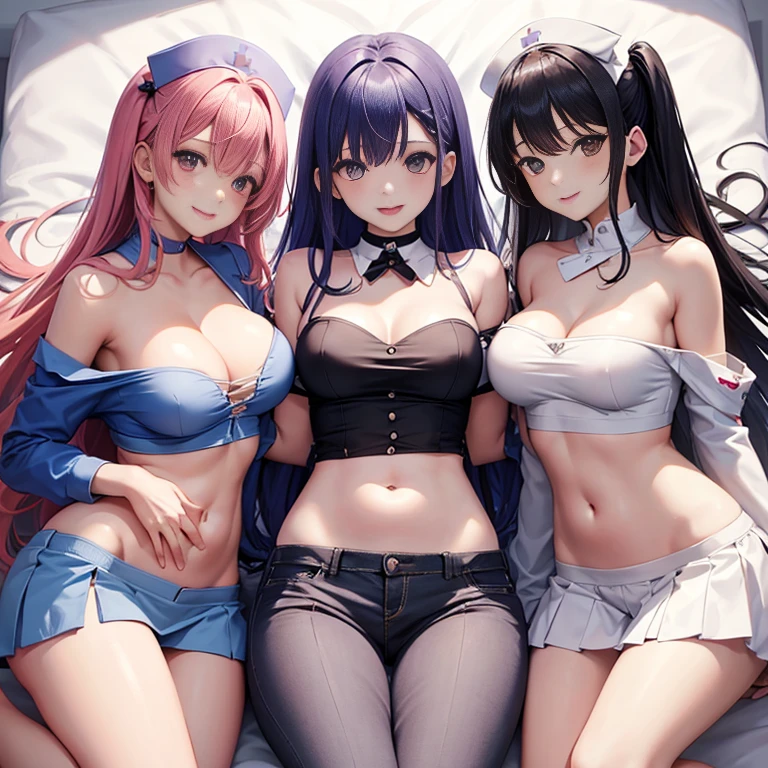 Angle from above、girls sandwich、Two girls are depicted、colorful hair、beautiful girl、highest quality、laughter、masterpiece、High-definition images、The belly button is visible、Nurse Uniform、off shoulder、cleavage exposure、Thigh emphasis、on the bed、25 years old、pleated lender body shape、spreading his legs、I can see the pants