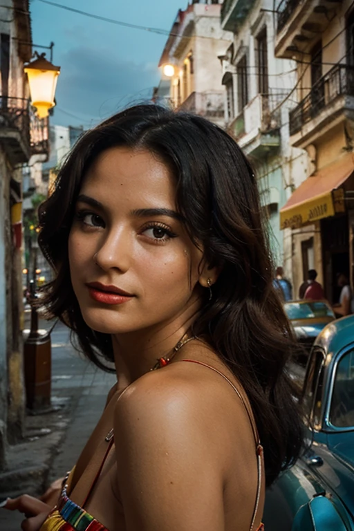 Art deco style poster, subject is a stunning Cuban woman, her persona reminiscent of the timeless Havana charm, her eyes full of stories, wisdom with a hint of mischief, lips rich and red mirroring the vibrancy of Cuba's culture, hair as dark and fluid as the Cuban night sky, wearing a traditional Cuban dress, its colors vivid and alive as if reflecting the very spirit of Cuba, surrounding setting an amalgamation of Cuba's symbolic street scenes, vintage cars, colorful buildings, azure