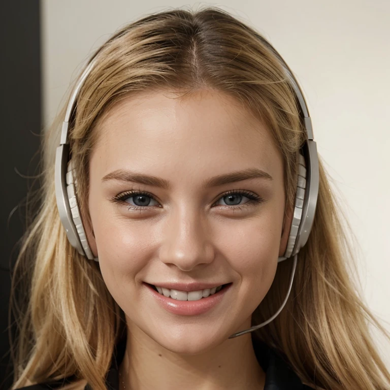 Hyper Realistic Headshot of Blonde Beautiful Babe Smiling Having Happy Conversation Call Center Agent Wearing Headset