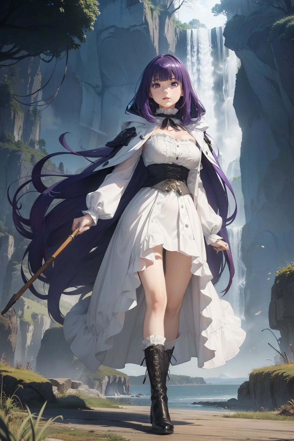 (masterpiece, best quality, cinematic, photorealistic, ultra-detailed), 1girl, female mage, (wide shot, full body:1.5), (Fern of Frieren anime), (long, waist-length purple hair, styled with a straight cut and bangs), (wears hair down with two additional chest-length strands framing her face), (wearing a long, buttoned white dress with a Victorian-style top), (wearing a frilled collar and puffy white sleeves), (wearing a black coat with hood), (wearing black boots), (wearing wooden staff:1.2), perfect hands, perfect face, large cleavage, round hips, (purple eyes, detailed pupils, nude lips, slightly parted lips), (standing, seductive pose), (gradient background), (waterfalls, rock formations)