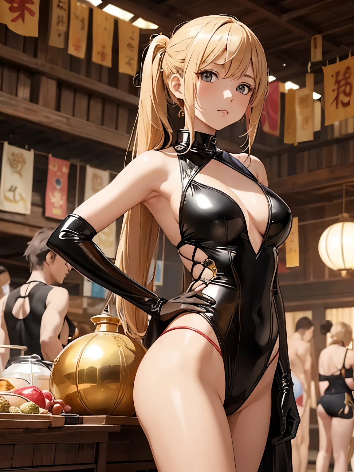 Imagine an anime girl with sun-kissed golden hair styled in a side ponytail, reflecting the adventurous spirit of a Silk Road merchant. Her latex swimsuit, a blend of earthy tones and metallic accents, captures the essence of Silk Road textiles. Posing amidst a bustling market with hanging lanterns, she stands with arms crossed, emanating confidence. The latex swimsuit has intricate nomadic-inspired prints, and her expression is one of determined curiosity, embodying the adventurous spirit of a Silk Road Merchant Explorer.