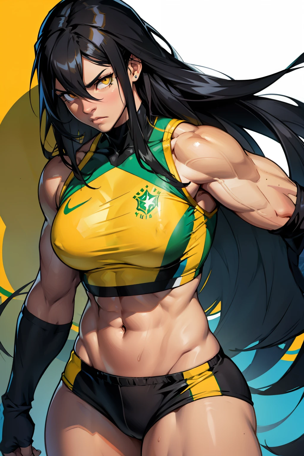girl ((muscular)) thick thighs toned body breastsblack hair yellow eyes athletic sad extremely long hair (brazil)