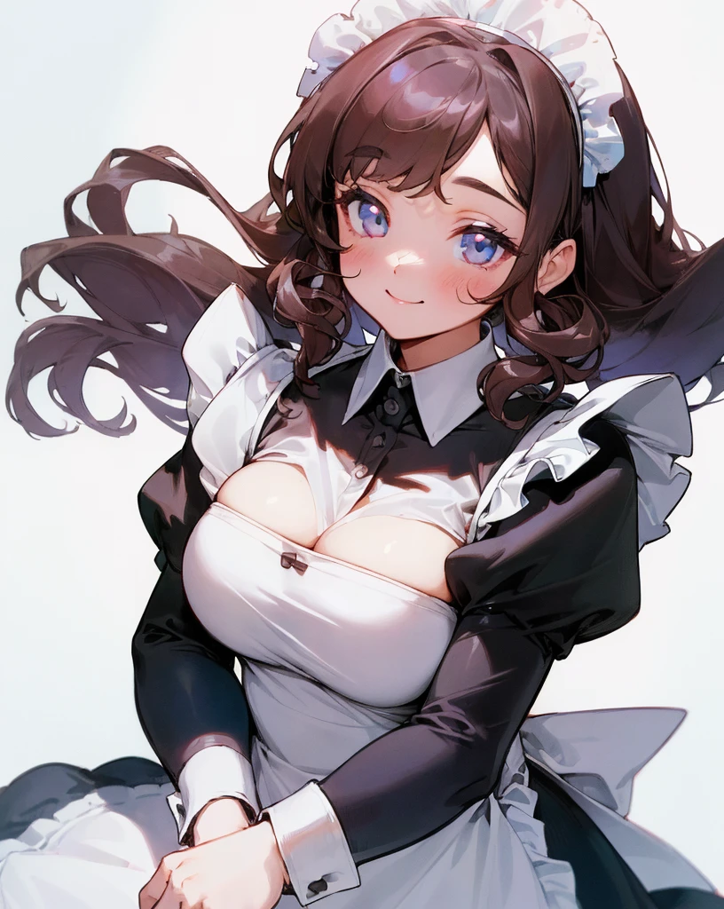 ((Beautiful maid:1.5),High resolution, highest quality),Wearing a maid's uniform,Soft hands, big and bright eyes, dark and bright curled hair, cute smile, rosy cheeks, soft light, pure white background.  