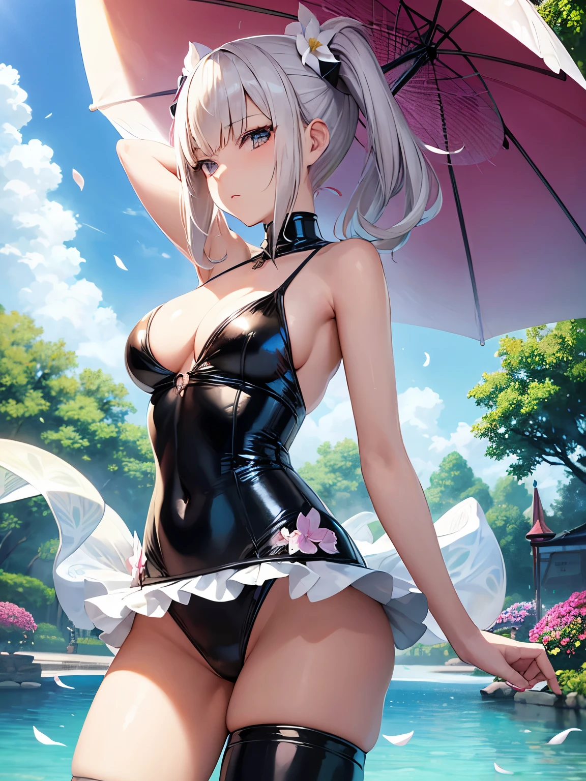 Picture an anime girl with flowing platinum-blonde hair styled with latex flower accessories, embodying the essence of a blooming garden merged with latex aesthetics. Her swimsuit, a work of art, features latex with floral patterns and latex petals. Posing in a latex garden filled with floating latex flowers, she stands with a parasol. The latex swimsuit has intricate floral details and latex frills, and her expression is one of serene enchantment, capturing the beauty of a Latex Floral Fantasy.