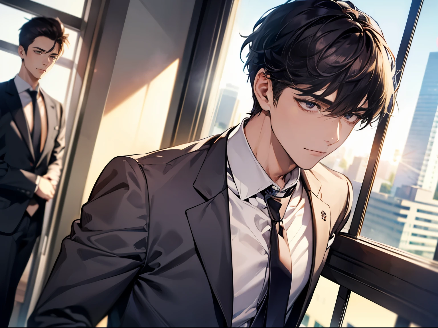 1boy, face focus, adult, business suit, jacket, white shirt, necktie, pants, best quality, hires, detailed face, office, buildings from window, detailed background, diffused sunlight, depth of field, bokeh
