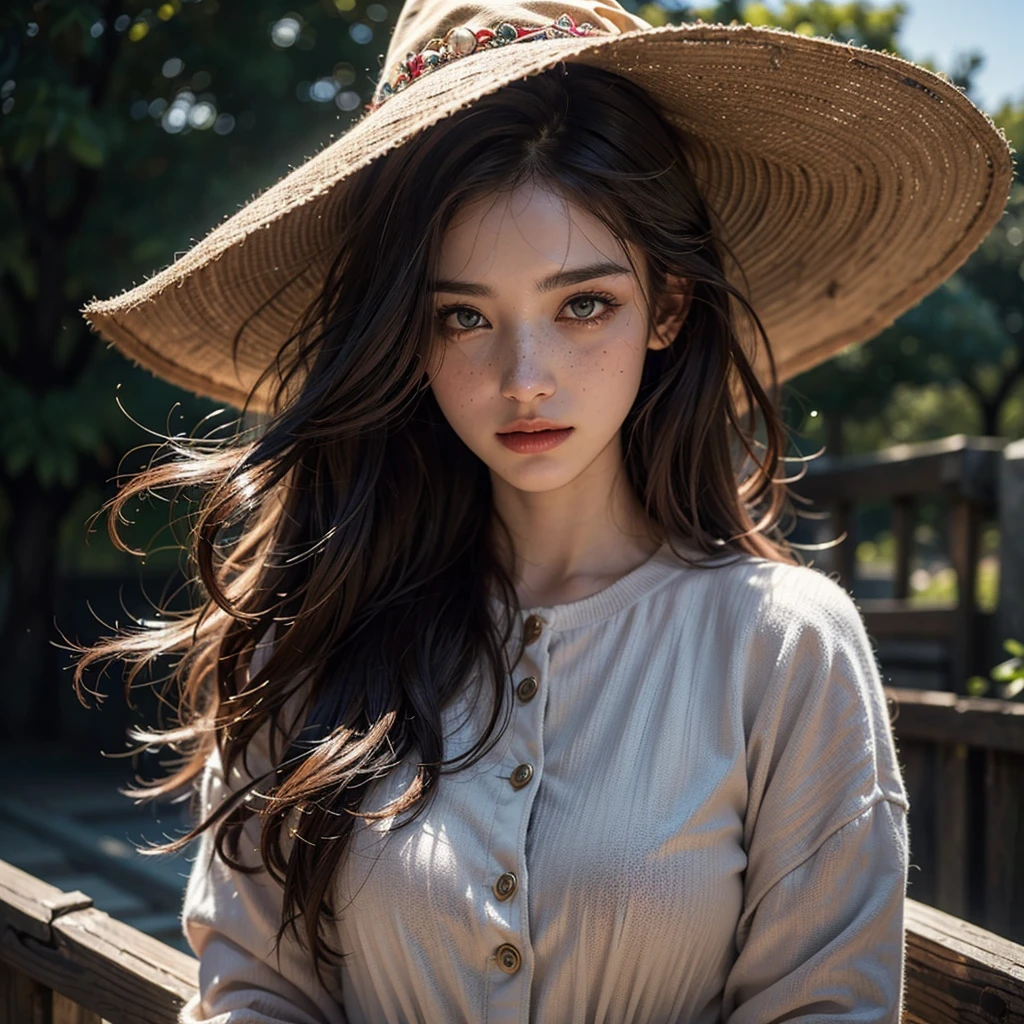 photorealistic, 35mm, intricate details, hdr, intricate details, hyperdetailed, natural skin texture, hyperrealism, sharp, 1 girl, adult (elven:0.7) woman, freckles, grey eyes, chestnut layered hair, portrait, looking down, solo, half shot, detailed background, witch hat, witch, magical atmosphere, hair flowing in the wind, red trimmed light colored clothes, whirlwind of swirling magic spell in the air, dark magic, (style-swirlmagic:0.8), floating particles,