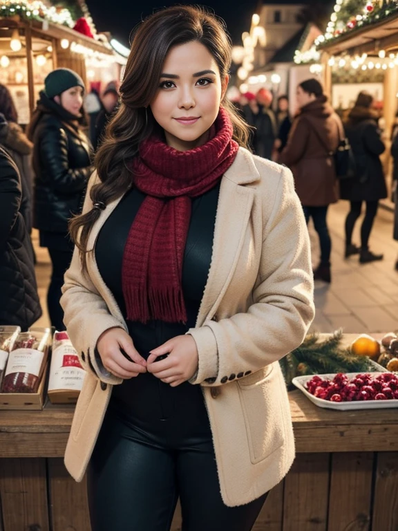 At the Christmas market at the mulled wine stand, a beautiful voluptuous woman, curvy body shape, wide waist, french braid, scarf, wool jacket, tight pants, Getting comfortable, depth of field, bokeh, shot from above,